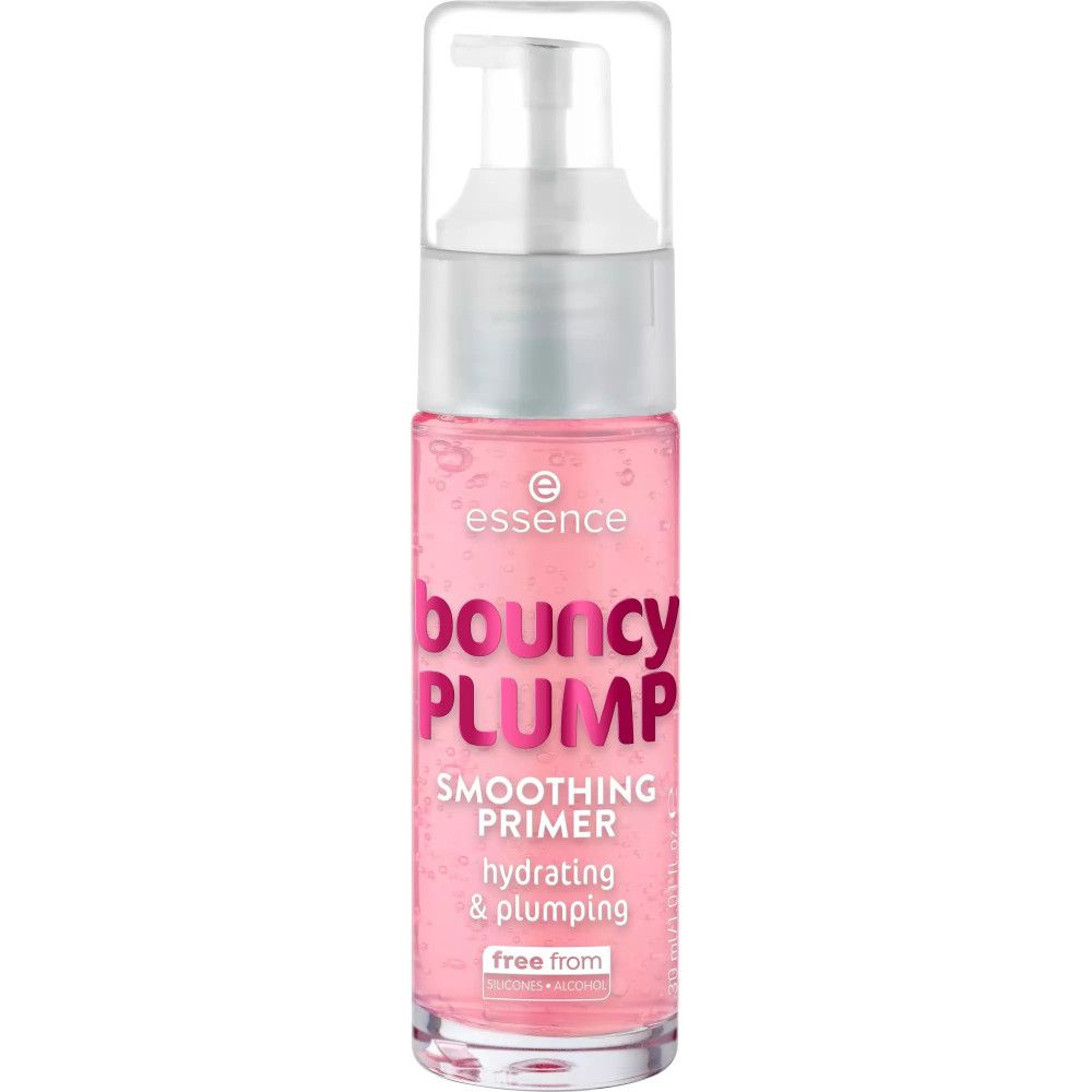 Rosa Foundation-Primer-Flasche mit Pumpe. Schriftzug: Bouncy Plump, Smoothing Primer, hydrating & plumping, free from.