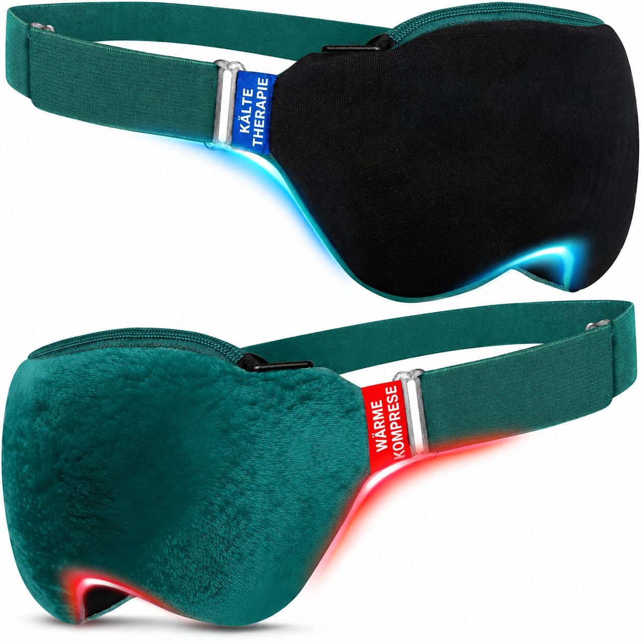 Zwei Augenmasken mit verstellbaren Gurten, eine schwarz für Kälte, eine grün für Wärme.