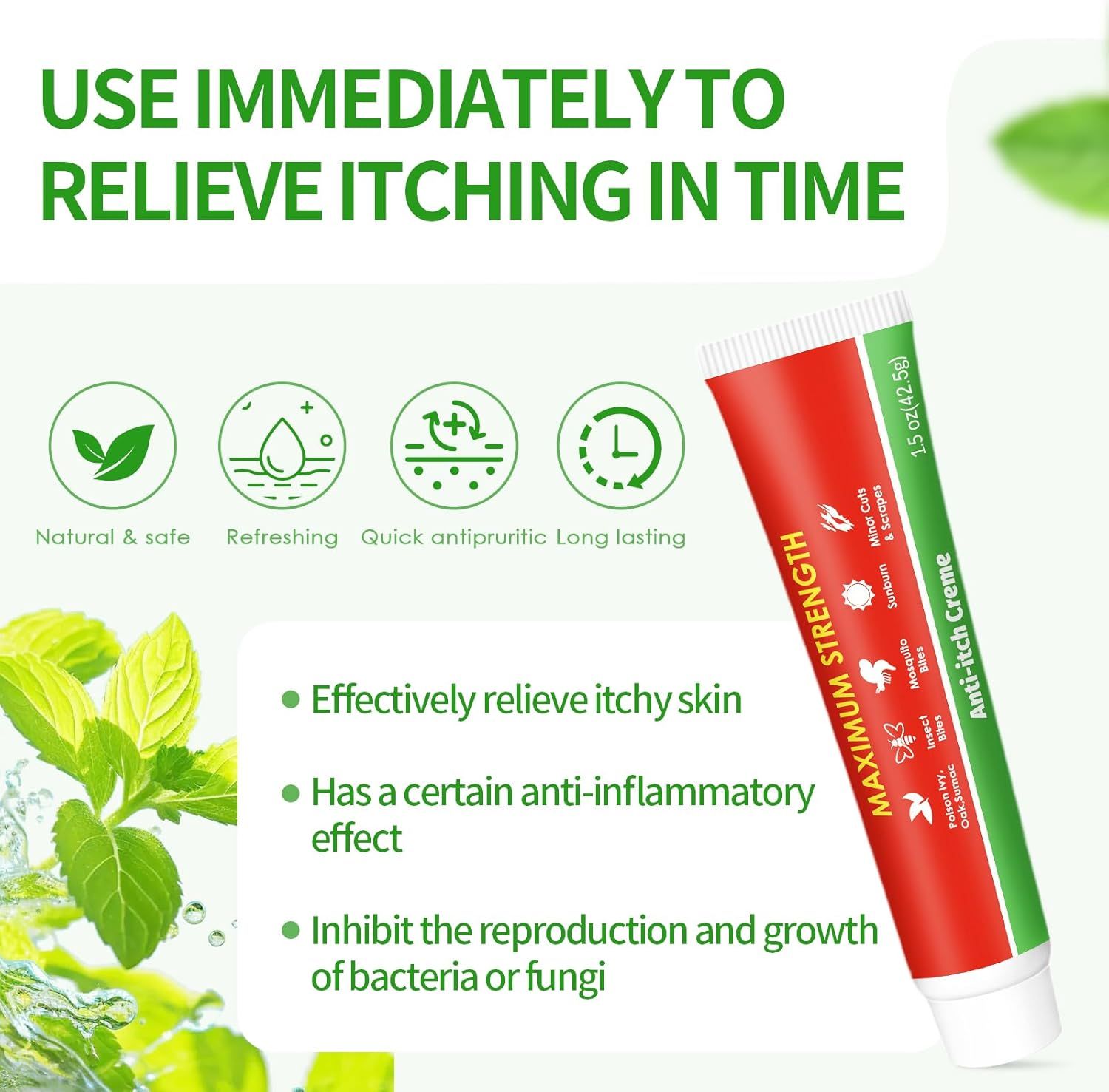 Rote Tube mit "Maximum Strength" und "Anti-Itch Creme" Aufschrift. Text: "Use immediately to relieve itching in time".