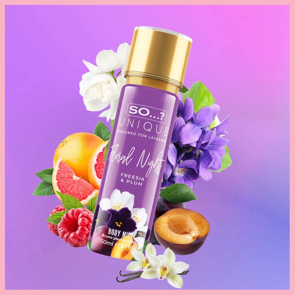 Lila Flasche mit goldfarbenem Deckel. Text: So...? Unique, Floral Night, Freesia & Plum. Früchte und Blüten.