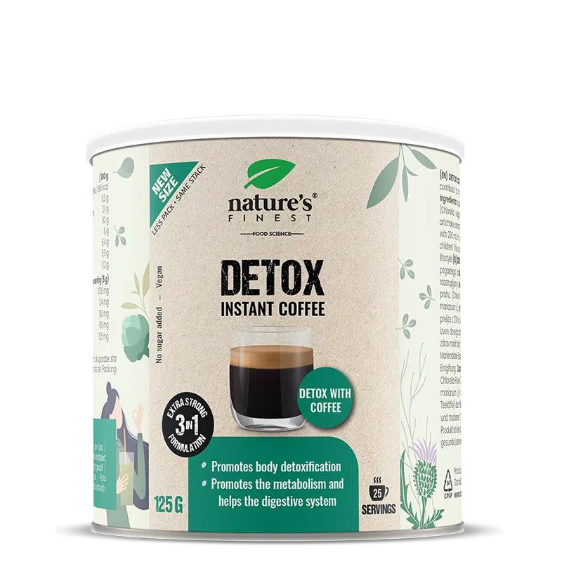 Nature's Finest Detox Instant Coffee Dose mit 125g. "Detox with Coffee" Aufschrift.