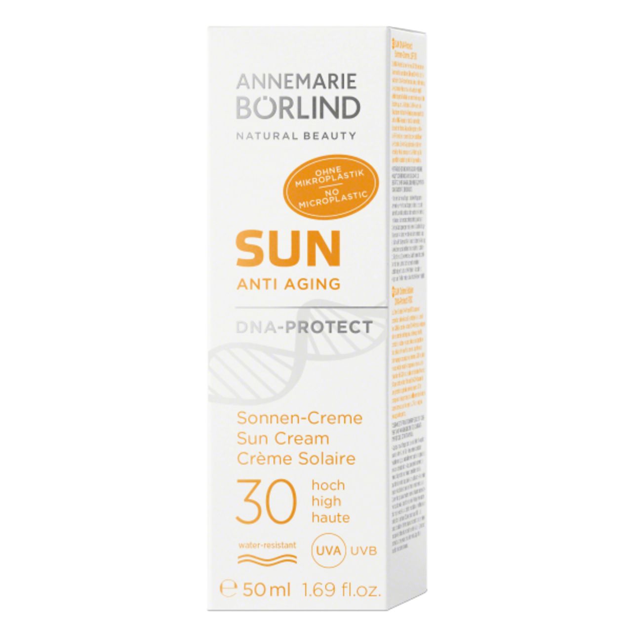 Sonnencreme-Verpackung. Text: ANNEMARIE BÖRLIND, SUN, Anti-Aging, DNA-PROTECT, LSF 30. Ohne Mikroplastik.
