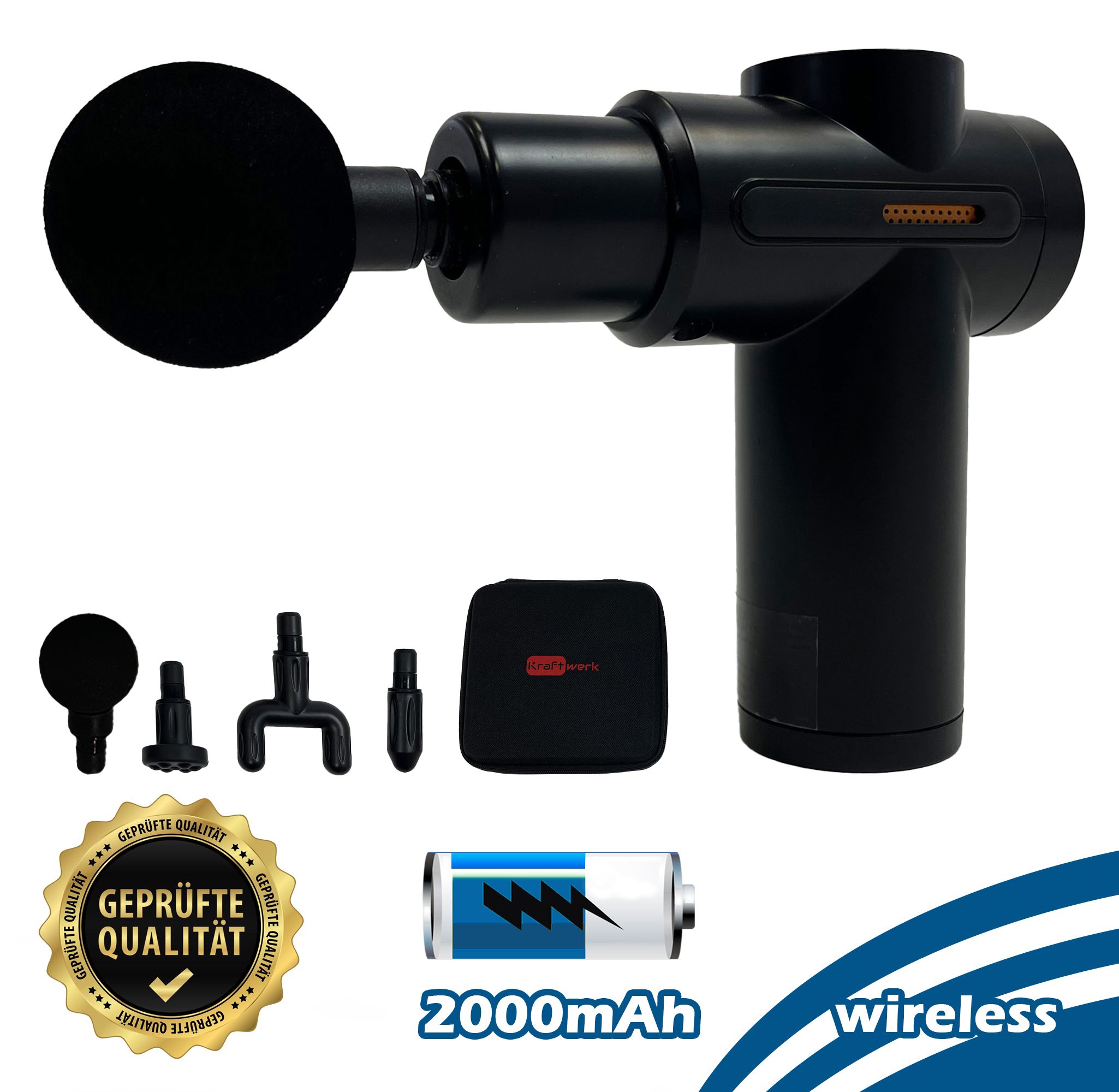 Schwarze Massagepistole mit Zubehör und Akku. Goldener Aufkleber mit "Geprüfte Qualität". Text: "wireless" und "2000mAh".