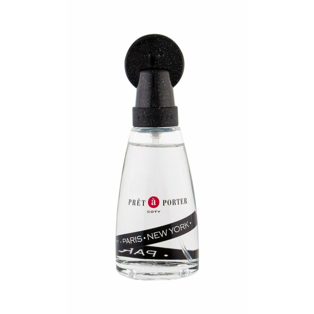 Coty Prêt à Porter Flakon. Klarer Flakon mit schwarzem Sprühkopf. Produktname und Schriftzug auf dem Flakon.