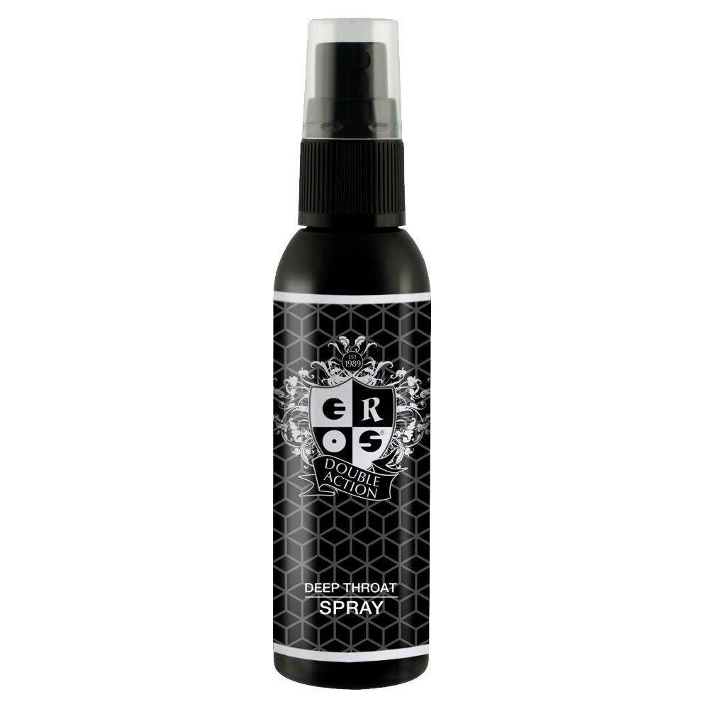 Schwarze Sprühflasche mit weißem Etikett. Text: "ER
OS", "DOUBLE ACTION", "DEEP THROAT SPRAY".
