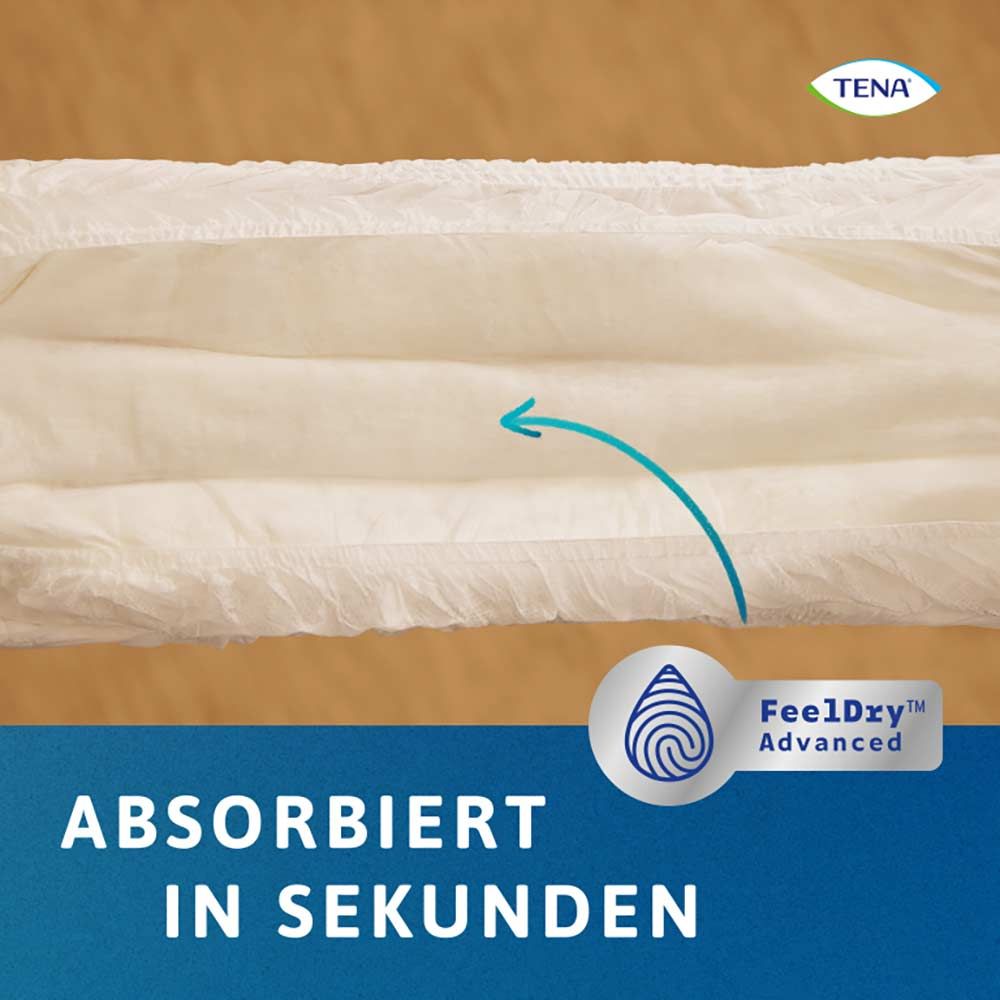 Nahaufnahme des Innenbereichs von TENA ProSkin Pants. Text: ABSORBIERT IN SEKUNDEN. Logo FeelDry Advanced. Logo TENA.