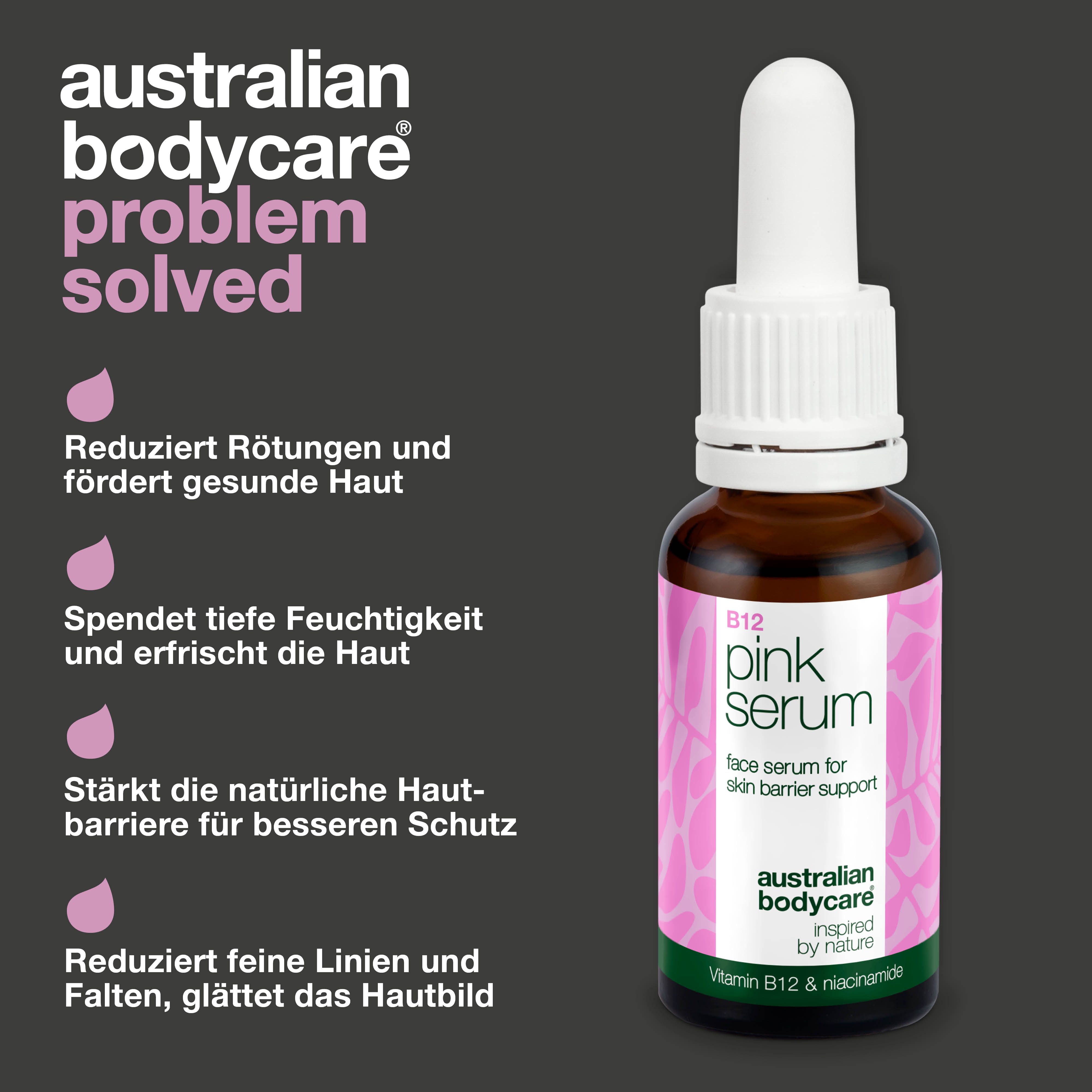 Flasche "B12 pink Serum" auf grauem Hintergrund. Text: "Problem gelöst". Rosa Tropfen.