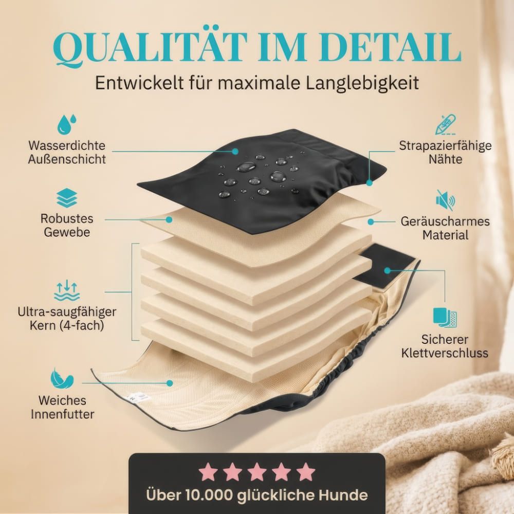 Schnittzeichnung einer Windel. Wasserdichte Außenschicht, ultra-saugfähiger Kern, weiches Innenfutter. Text: Qualität im Detail.