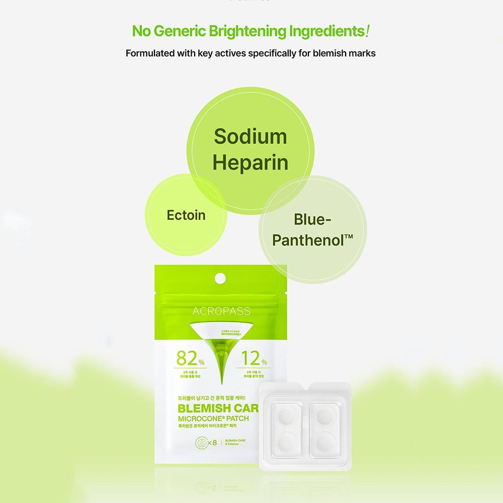 ACROPASS Blemish Care Patch-Verpackung und Inhaltsstoffe: Sodium Heparin, Ectoin, Blue-Panthenol. Grün-weiße Verpackung und weiße Blister.