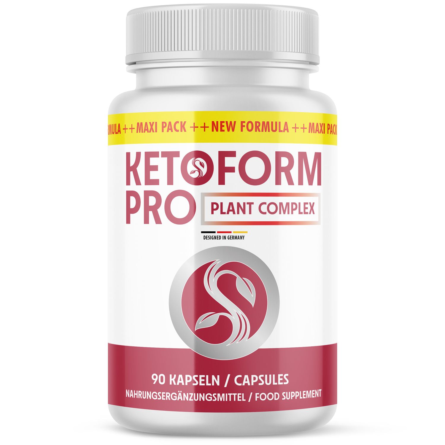 Weiße Flasche mit rotem Etikett. Aufschrift: Ketoform Pro, Plant Complex, 90 Kapseln. Nahrungsergänzungsmittel.