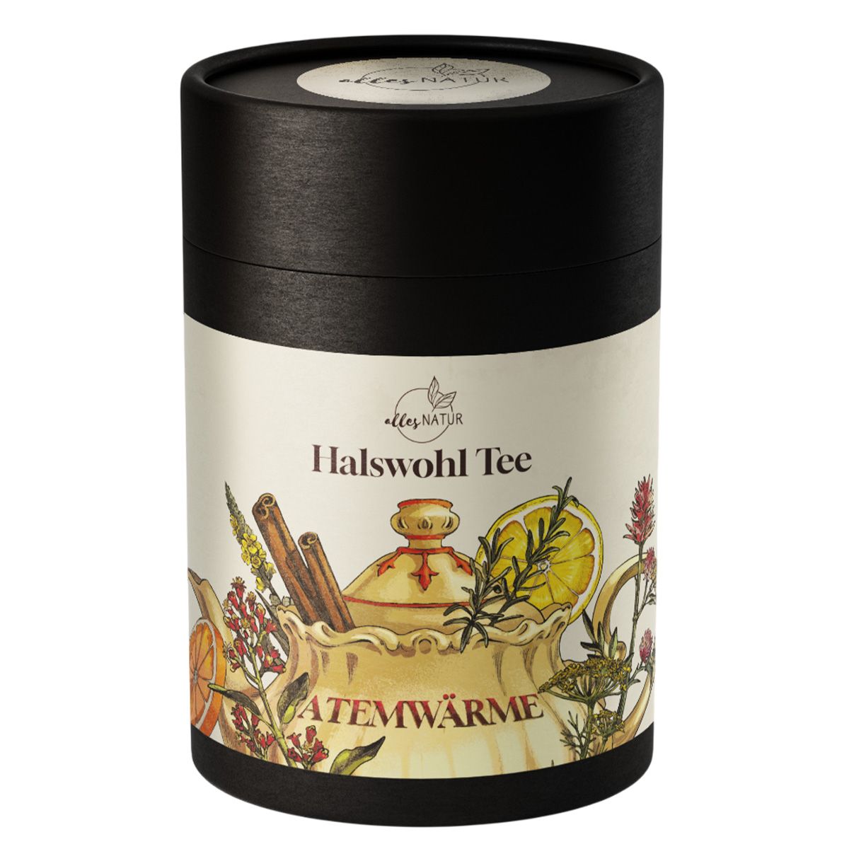 Zylindrische Teeverpackung mit schwarzem Deckel. Aufschrift: Halswohl Tee, Atemwärme. Illustrationen von Kräutern und Zitrone.