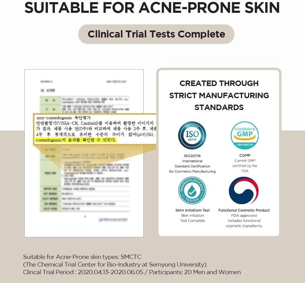 Zertifizierungen: ISO 22716, Skin Irritation Test, GMP, FDA. Text: Geeignet für Akne-Haut.