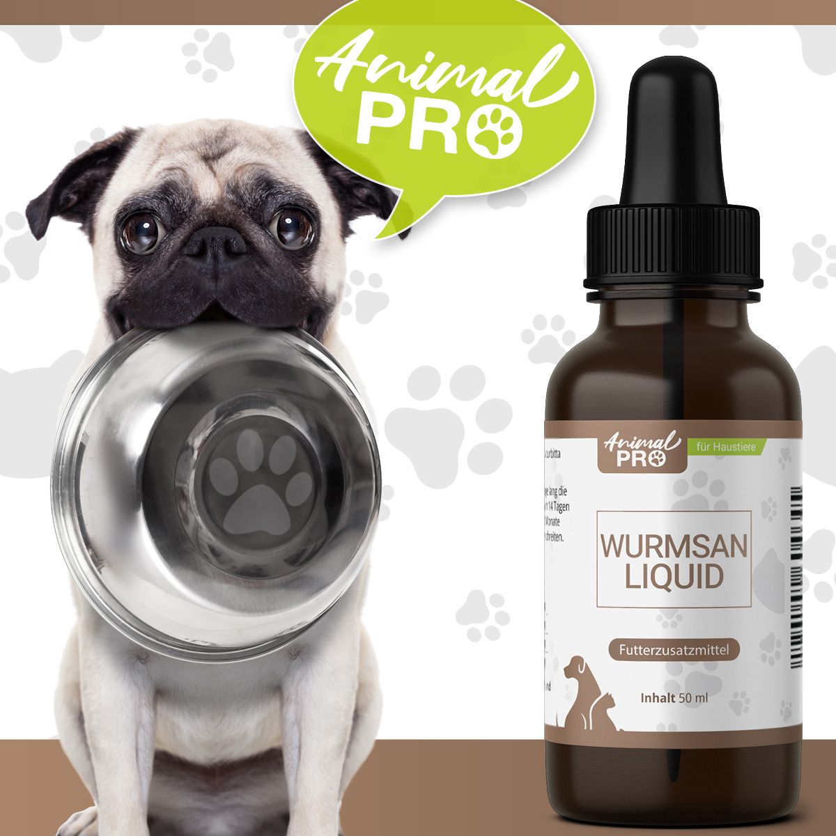 Produktflasche neben Mops mit Futternapf. Logo Animal Pro. Schriftzug: Wurmsan Liquid.