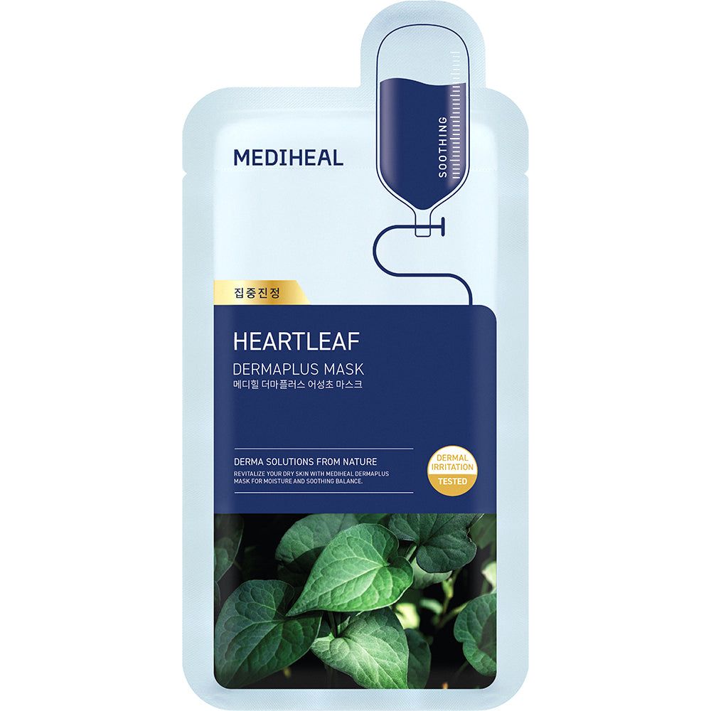 Verpackung einer Gesichtsmaske mit dem Logo von MEDIHEAL und dem Namen HEARTLEAF DERMAPLUS MASK.