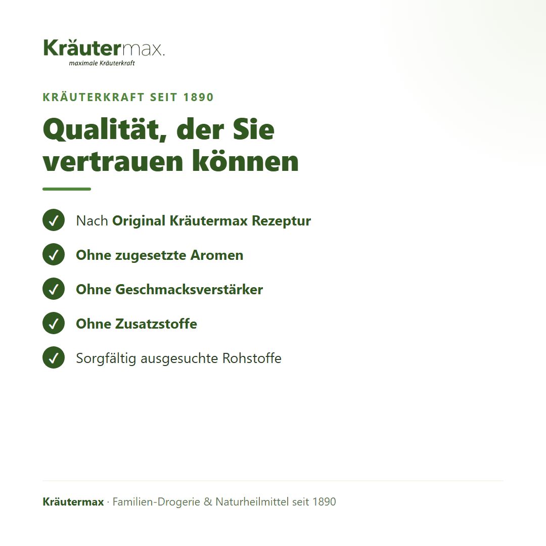 Qualitätsmerkmale der Kräutermax Produkte: nach Rezept, ohne Zusätze.