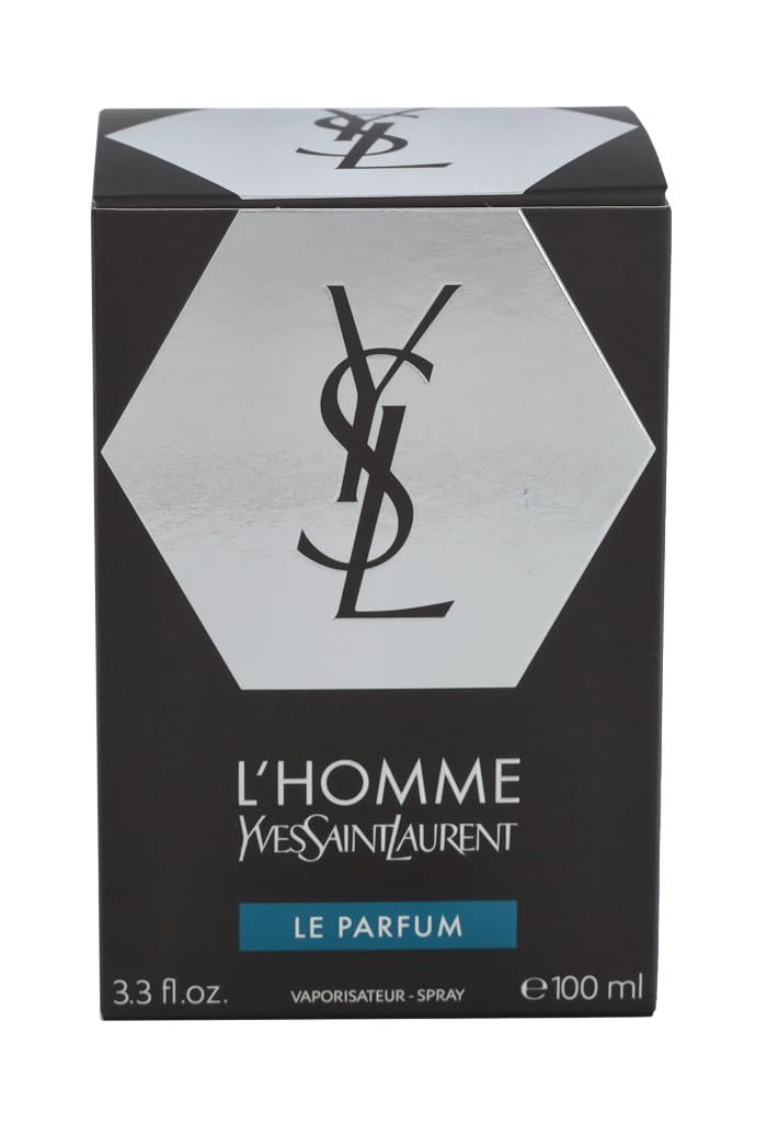 Schwarzer Karton mit silbernem Logo. Aufschrift: L'HOMME, Yves Saint Laurent, LE PARFUM. Unten: 3.3 fl.oz. und e 100 ml.