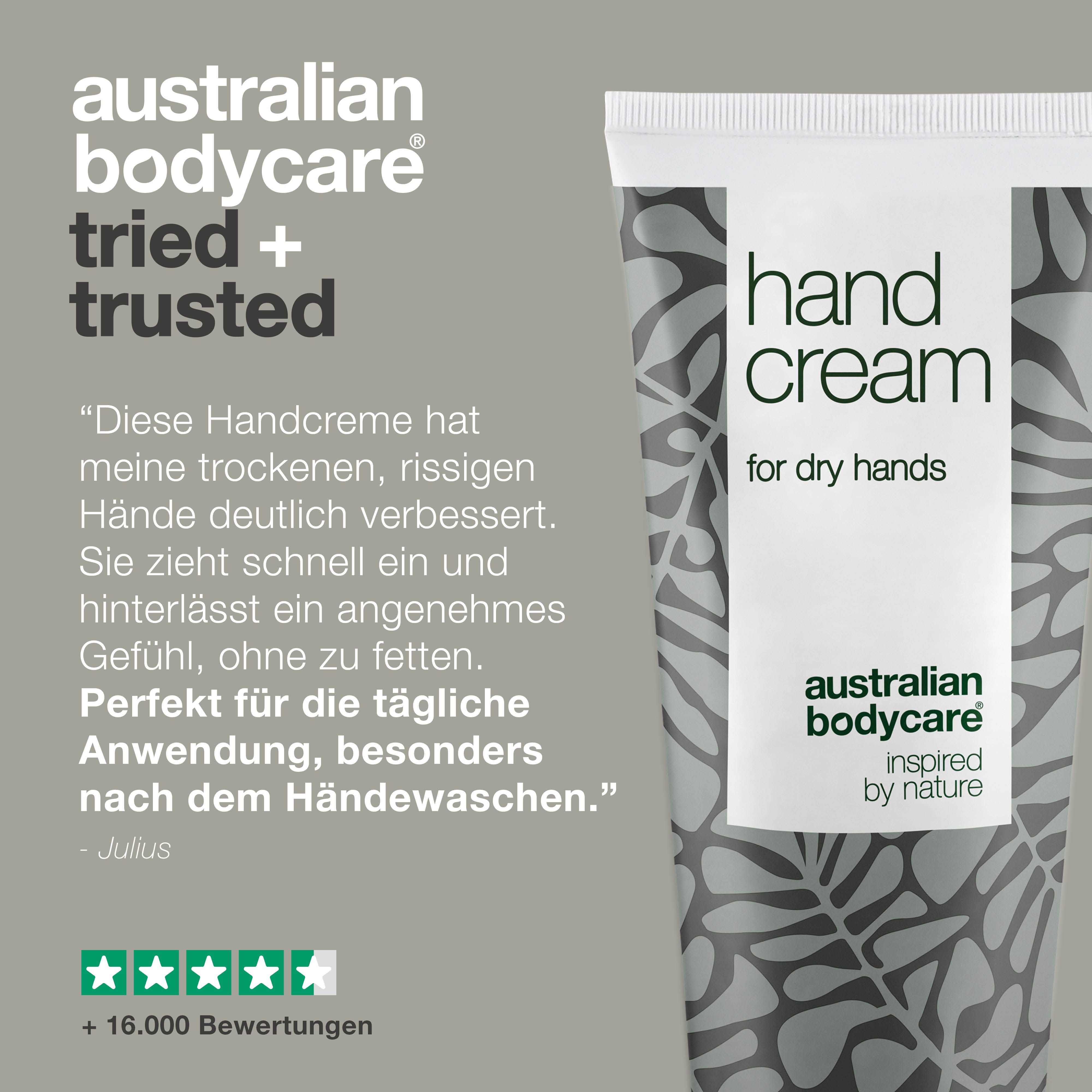 Handcreme-Tube und Text über Vorteile.
