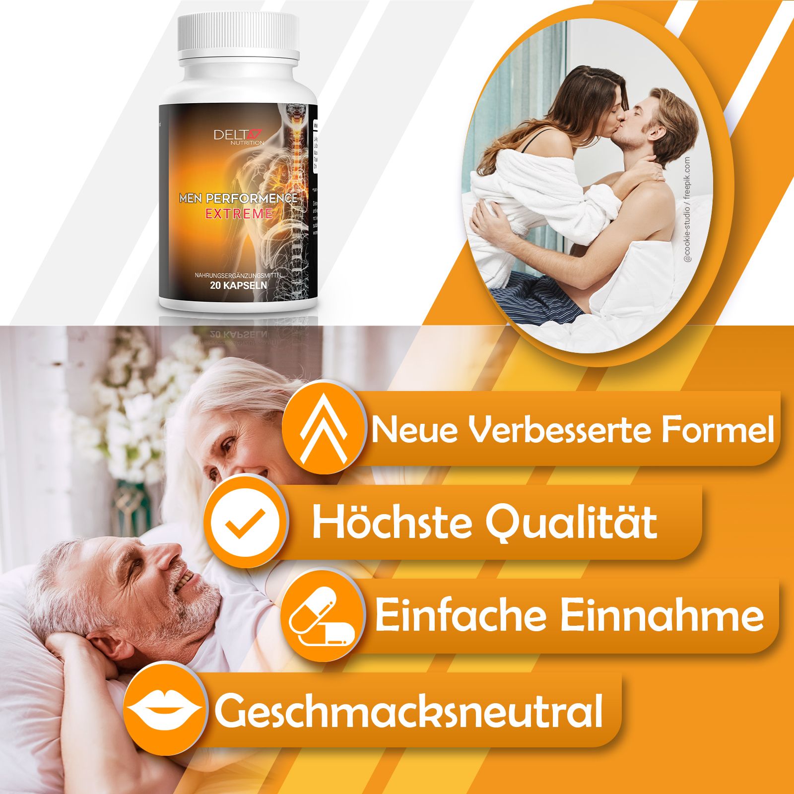 Flasche mit Kapseln, Aufschrift: Men Performance Extreme, 20 Kapseln. Text: Neue verbesserte Formel, Höchste Qualität, Einfache Einnahme, Geschmacksneutral.