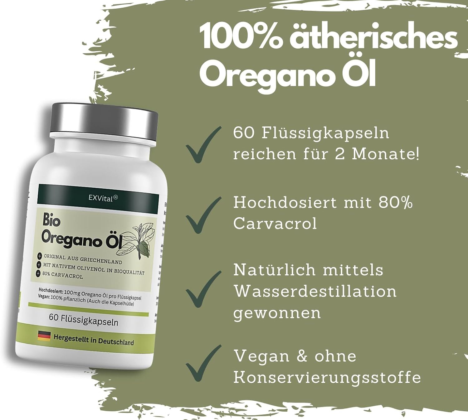 Weißes Fläschchen mit grünen und schwarzen Etiketten. Aufschrift: 100% ätherisches Oregano Öl, 60 Flüssigkapseln.  Hervorgehobene Eigenschaften.