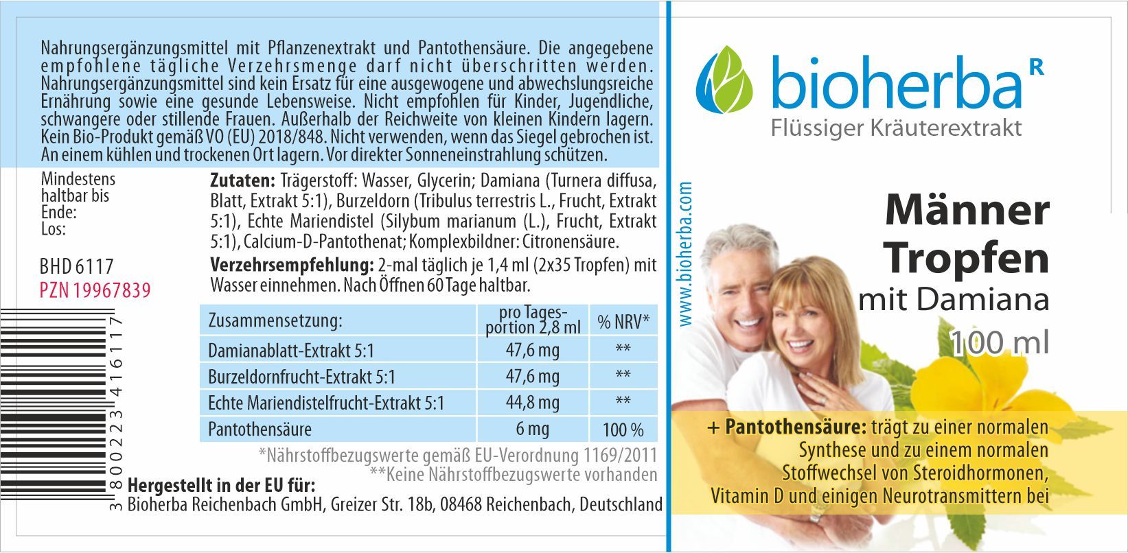 Braune Glasflasche mit schwarzem Deckel. Etikett mit Produktnamen und Inhaltsangaben. Bioherba Männer Tropfen mit Damiana.