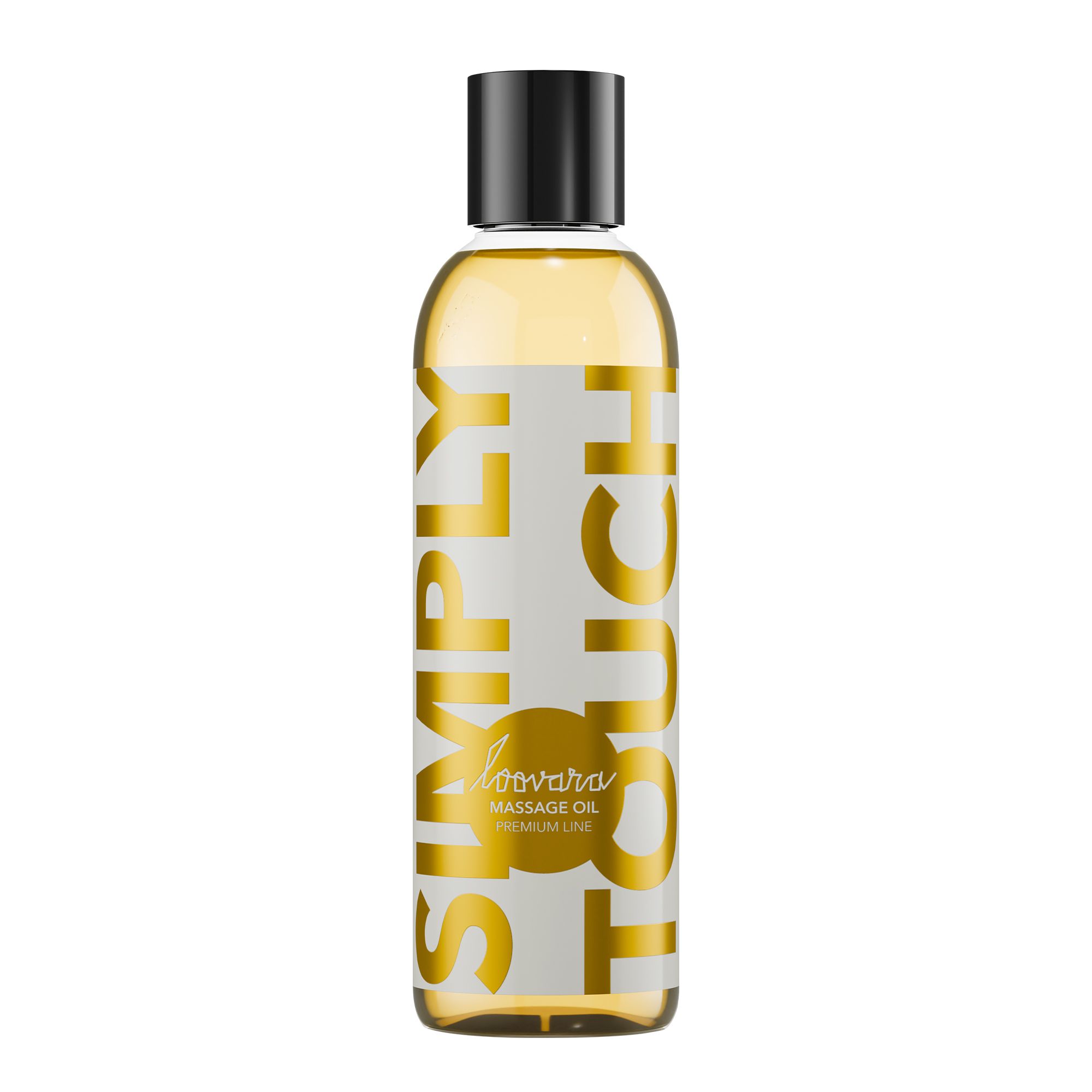 Loovara Simply Touch Massageöl in klarer Flasche mit schwarzem Deckel.