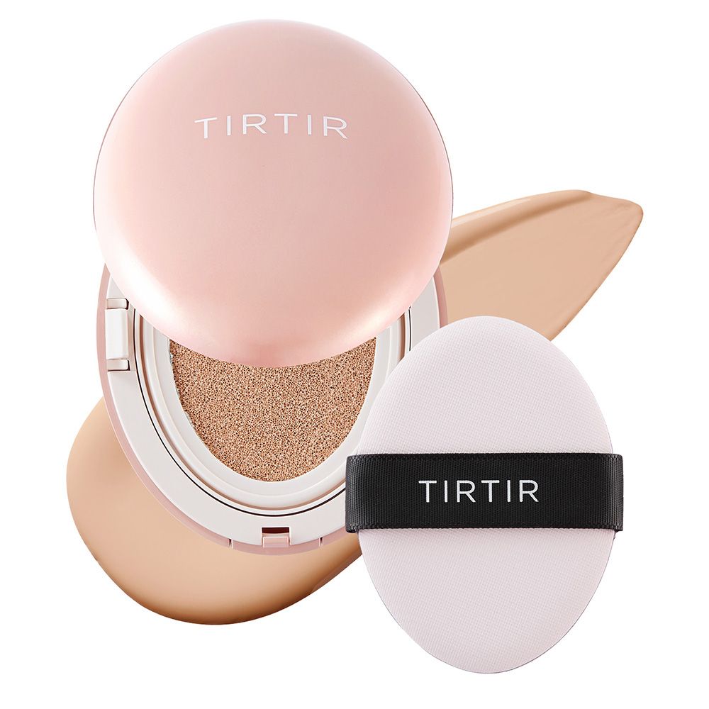 Ein offener TIRTIR Mask Fit All Cover Cushion mit Applikator und Farbverläufen.