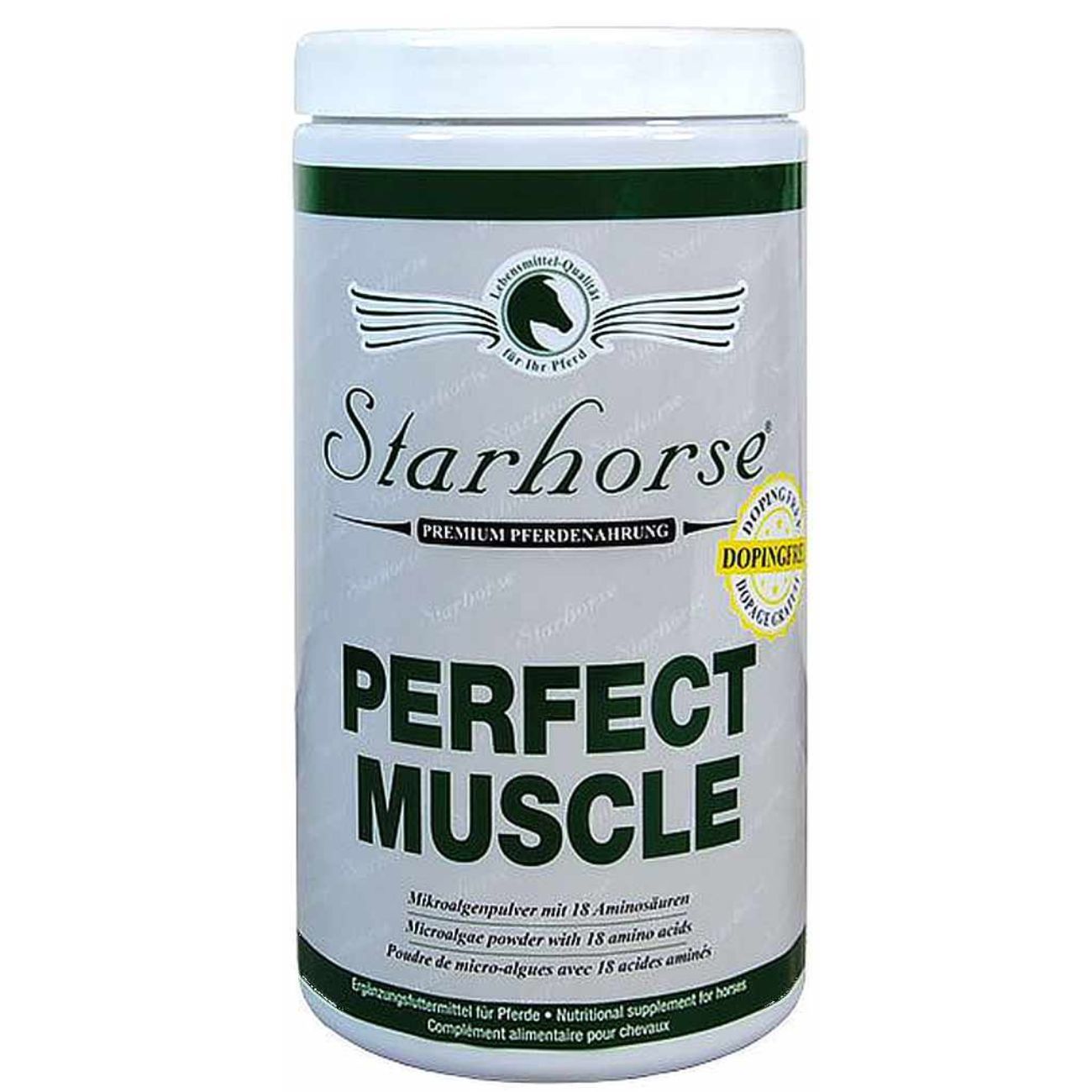 Zylindrische Dose mit Starhorse Perfect Muscle. Weißer Deckel. Etikett mit Text und Logo.