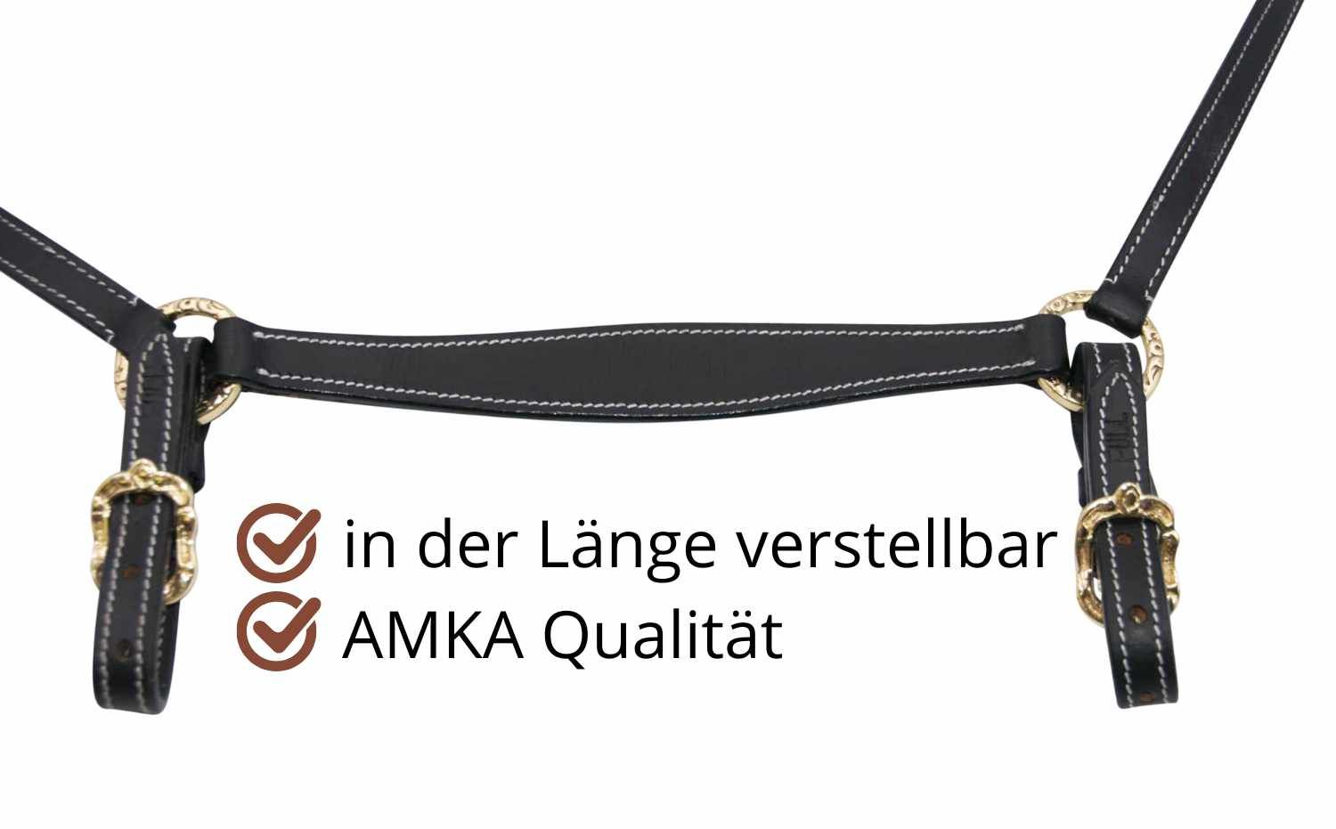 Schwarzes Vorderzeug mit weißen Nähten. Goldfarbene Schnallen und Beschläge. Text: AMKA Qualität, längenverstellbar.