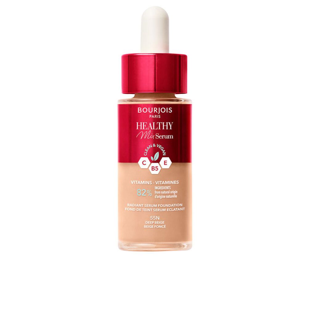 Foundation-Serum in Glasflasche. Roter Deckel, Pipette. Aufschrift: Bourjois Healthy Mix Serum, Farbton 55N Deep Beige.