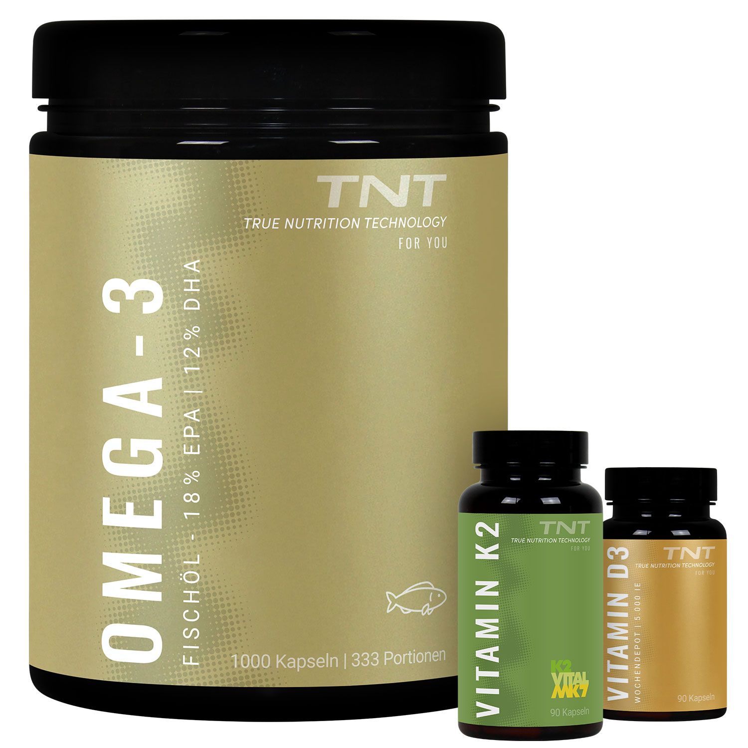 TNT Omega-3 Fischöl Kapseln, Vitamin K2 und Vitamin D3 Flaschen.