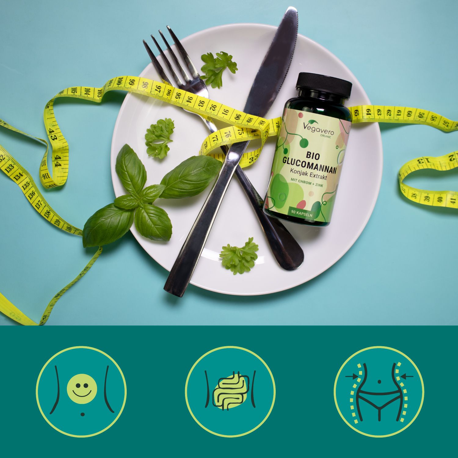 Teller mit Besteck, Basilikum und Messband. Flasche mit BIO Glucomannan. Hintergrund: hellblau. Symbole: glückliches Gesicht, Darm, Figur.
