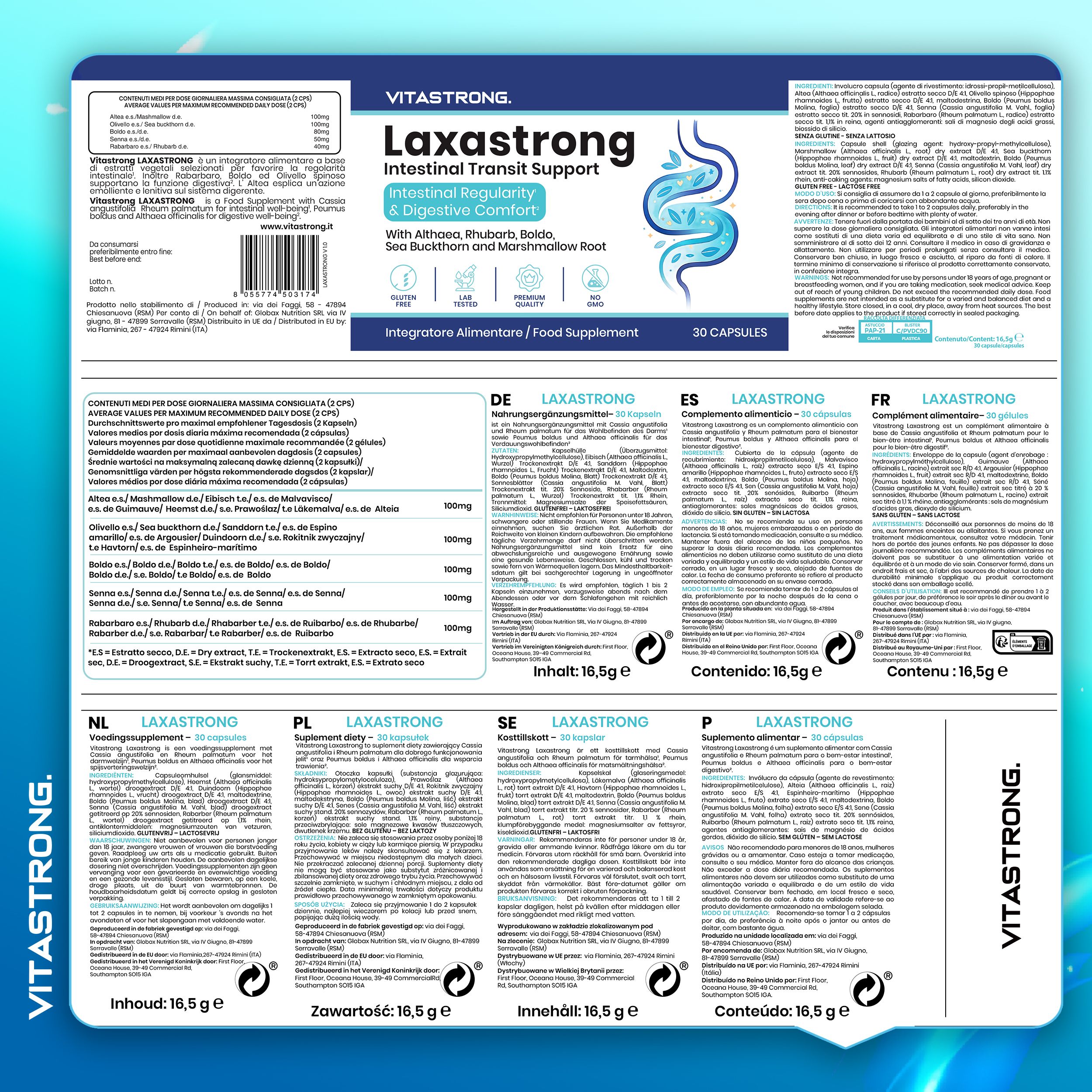 Verpackung von Laxastrong. Text in mehreren Sprachen. 30 Kapseln. Inhaltsstoffe. Nahrungsergänzungsmittel. Hergestellt in Europa.