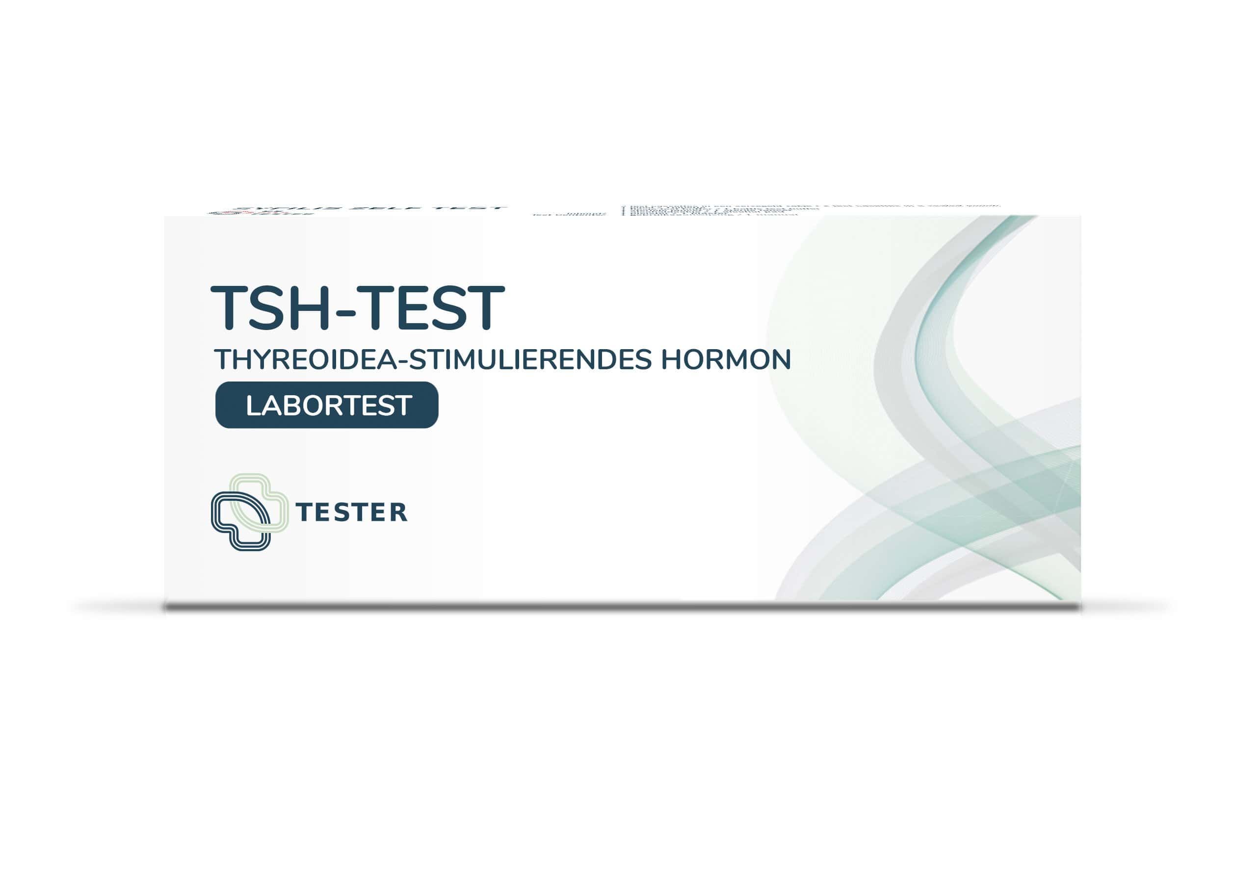 Packung des Schilddrüsen-Selbsttests (TSH). Enthält Laboruntersuchung auf Thyreoidea-stimulierendes Hormon.
