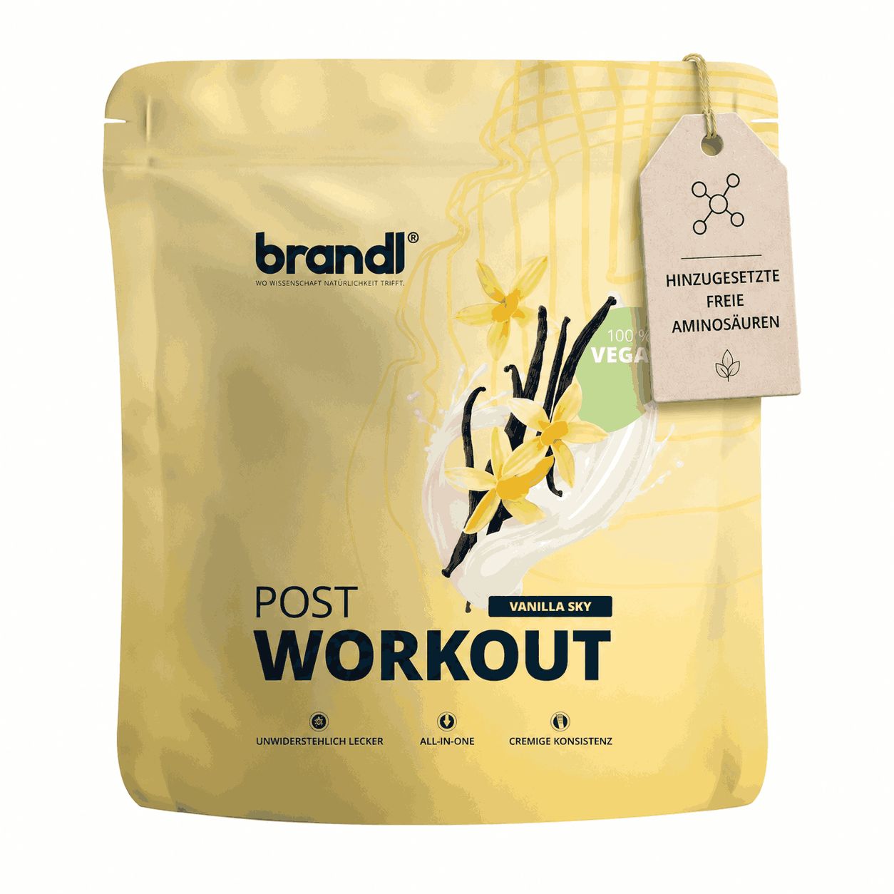 brandl® Veganes Post Workout Pulver in Beutel, Vanille Sky Geschmack. Mit Vanilleschoten.