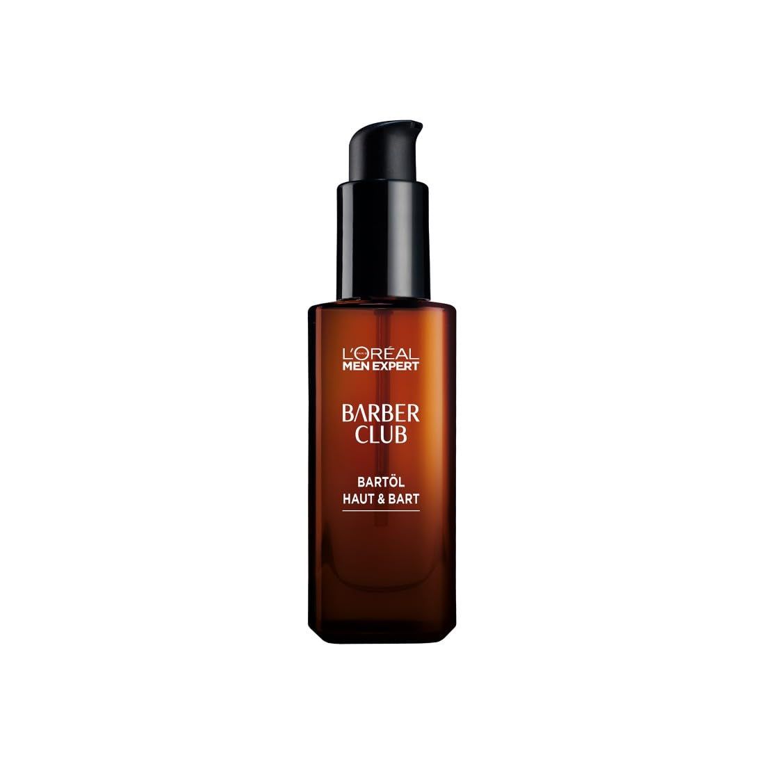 L'Oréal Men Expert Barber Club Bartöl. Braune Flasche mit schwarzem Pumpverschluss. Produkt- und Markenlogo.