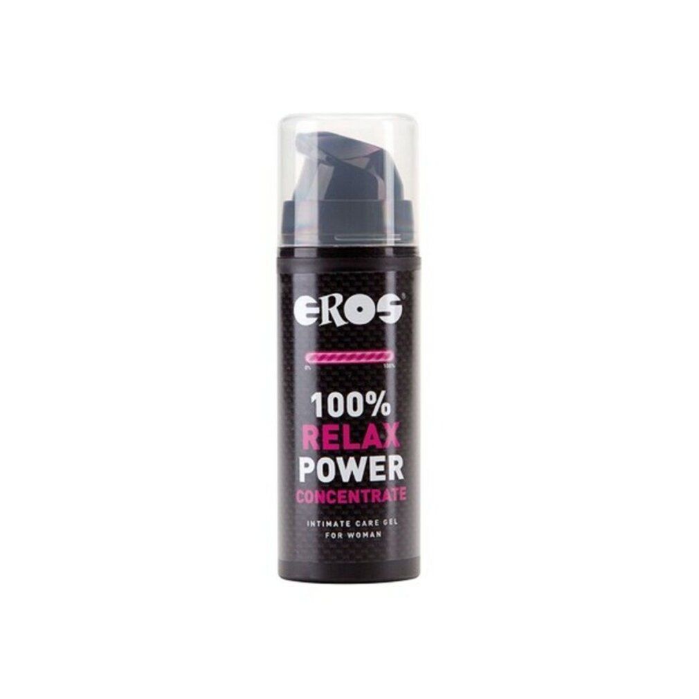 Dunkle Flasche mit Dosierpumpe. Aufschrift: EROS, 100% RELAX POWER CONCENTRATE, Intimate Care Gel for Women.