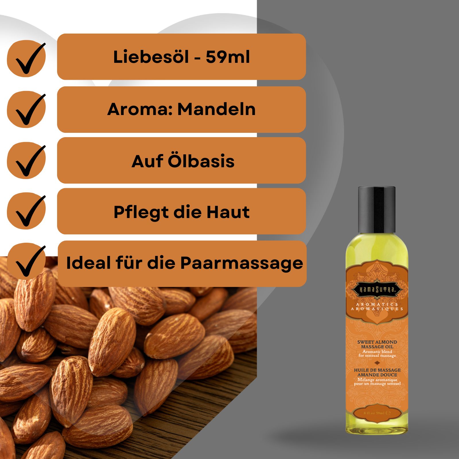 Massageöl-Flasche neben Mandeln und Text: Liebesöl, Aroma: Mandel, Auf Ölbasis, Pflegt die Haut, Ideal für die Paarmassage.