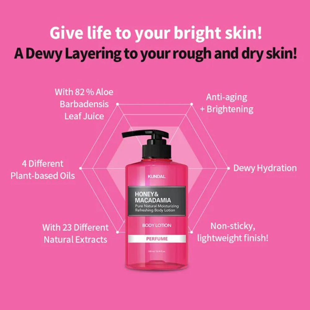 Rosa Körperlotion mit schwarzem Pumpkopf. Text: Honey & Macadamia, 82% Aloe, 4 Öle, 23 Extrakte, Anti-Aging, feuchtigkeitsspendend.