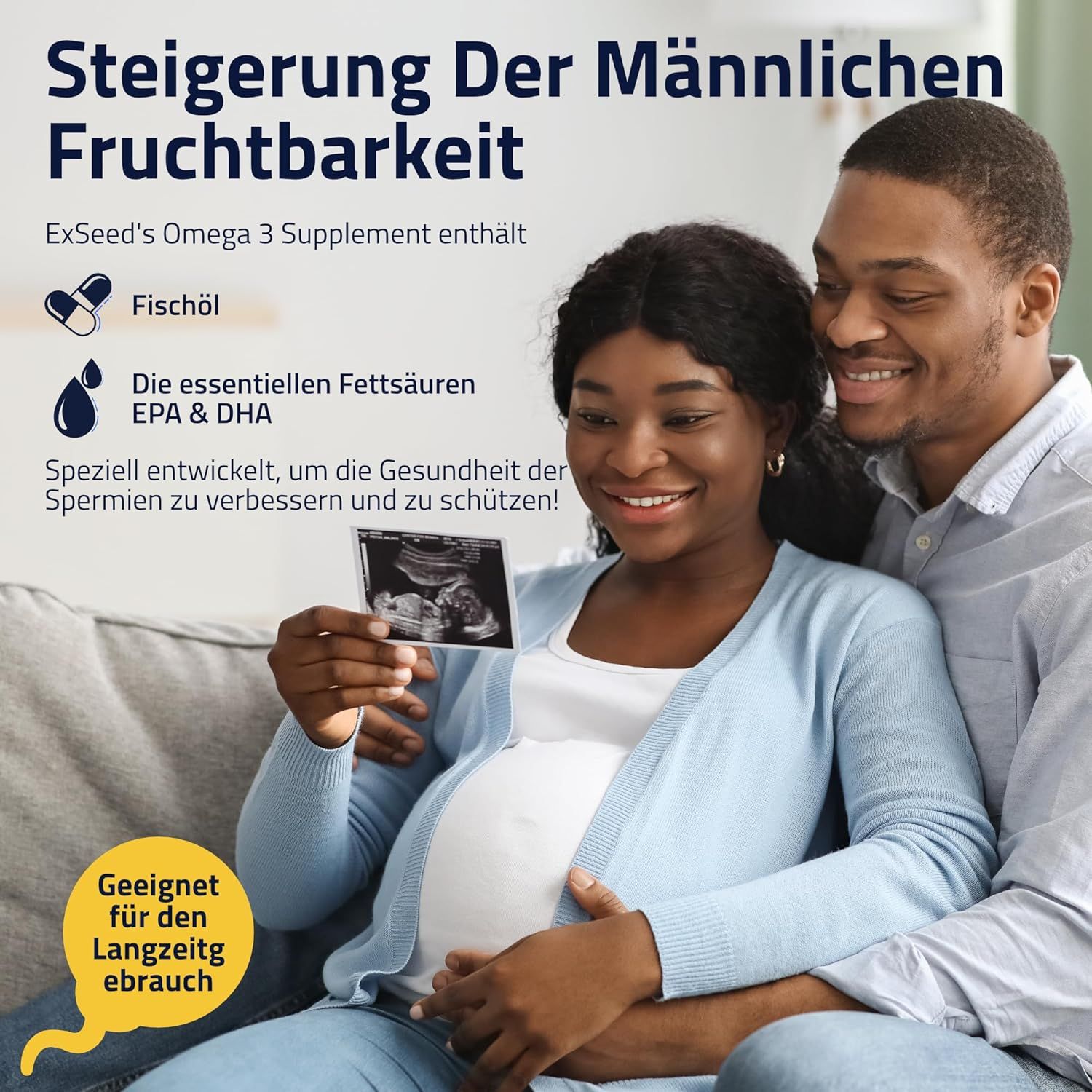 Schwangere Frau und Mann betrachten Ultraschallbild. Text: Steigerung der männlichen Fruchtbarkeit. Produktabbildung: Fischölkapsel.