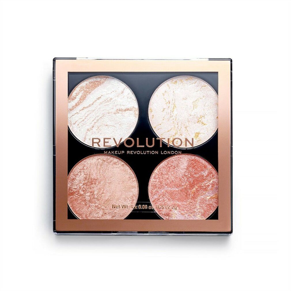 Quadratische Make-up-Palette mit vier runden, farbigen Bereichen. Goldfarbener Rahmen, schwarzer Hintergrund. Schriftzug.