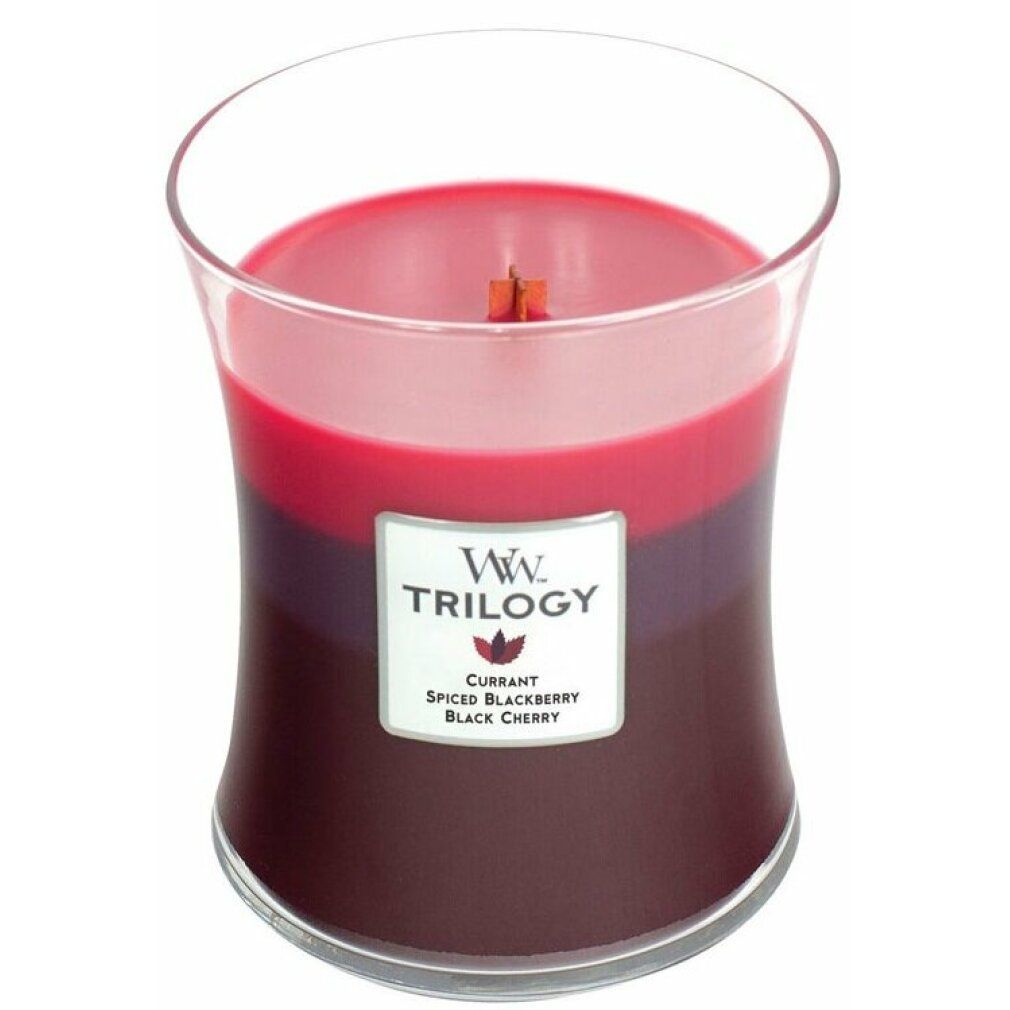 Dreifarbige Duftkerze im Glas. Etikett mit "WW Trilogy", "Currant Spiced Blackberry Black Cherry". Holzdocht sichtbar.