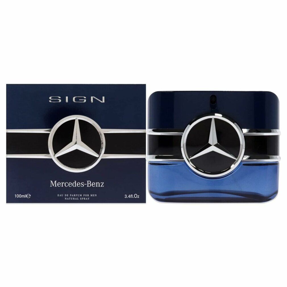 Blauer Flakon und Verpackung. Flakon mit Mercedes-Benz-Logo. Verpackung mit Logo und Schriftzug 'SIGN'.