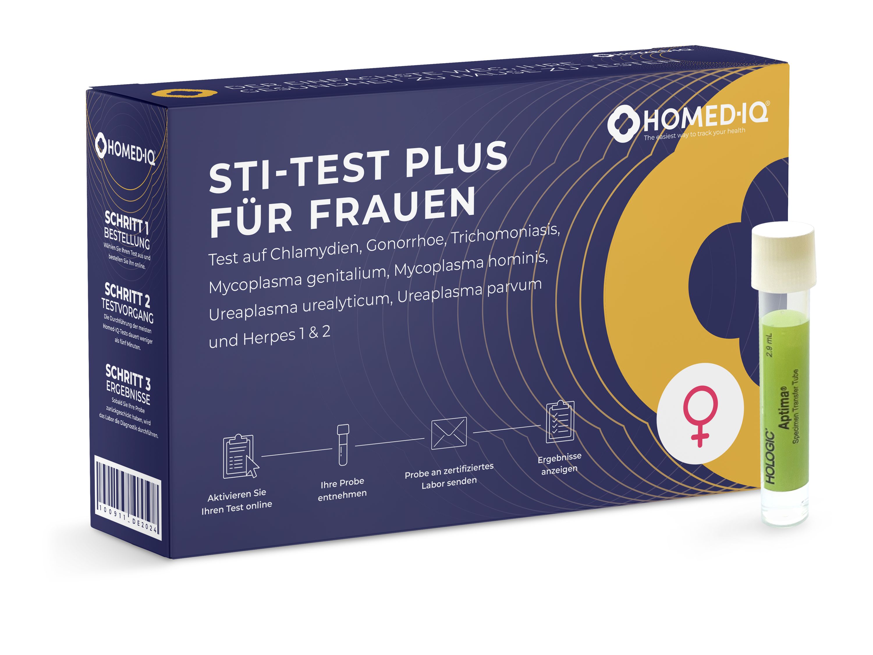 Verpackung Homed-IQ STI-Test Plus für Frauen. Enthält Testkit und Röhrchen. Logo und Produktname deutlich sichtbar.