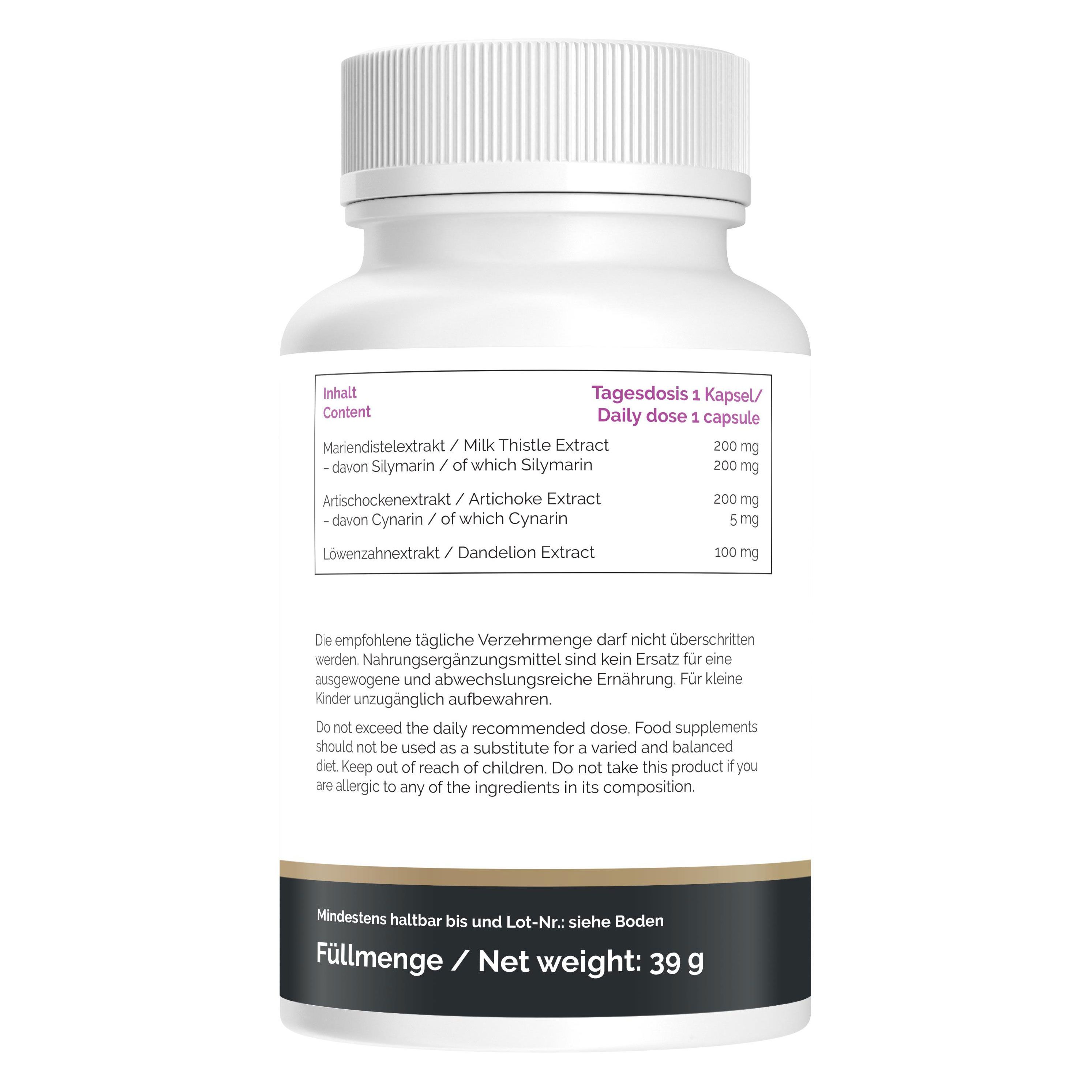 Rückseite einer weißen Pillenflasche. Text: Inhalt, Tagesdosis, Inhaltsstoffe. Füllmenge: 39g.