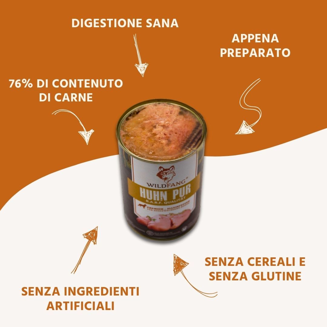Hundefutterdose mit Huhn Pur. Aufschrift: Wildfang, Huhn Pur, B.A.R.F. Qualität. Pfeile zeigen auf Inhaltsstoffe.