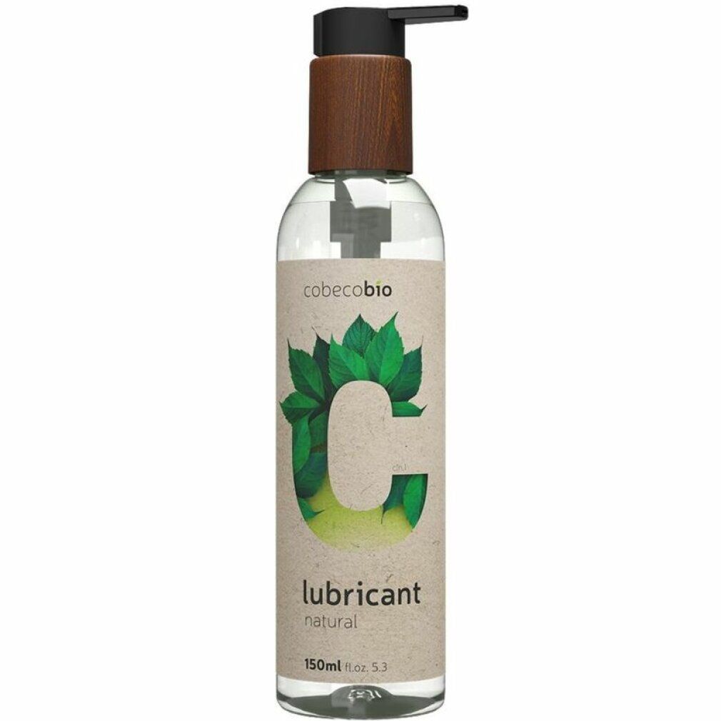 Klare Flasche mit braunem Holzdeckel und schwarzem Pumpkopf. Etikett mit grünem Blattmotiv und Schriftzug "lubricant natural".