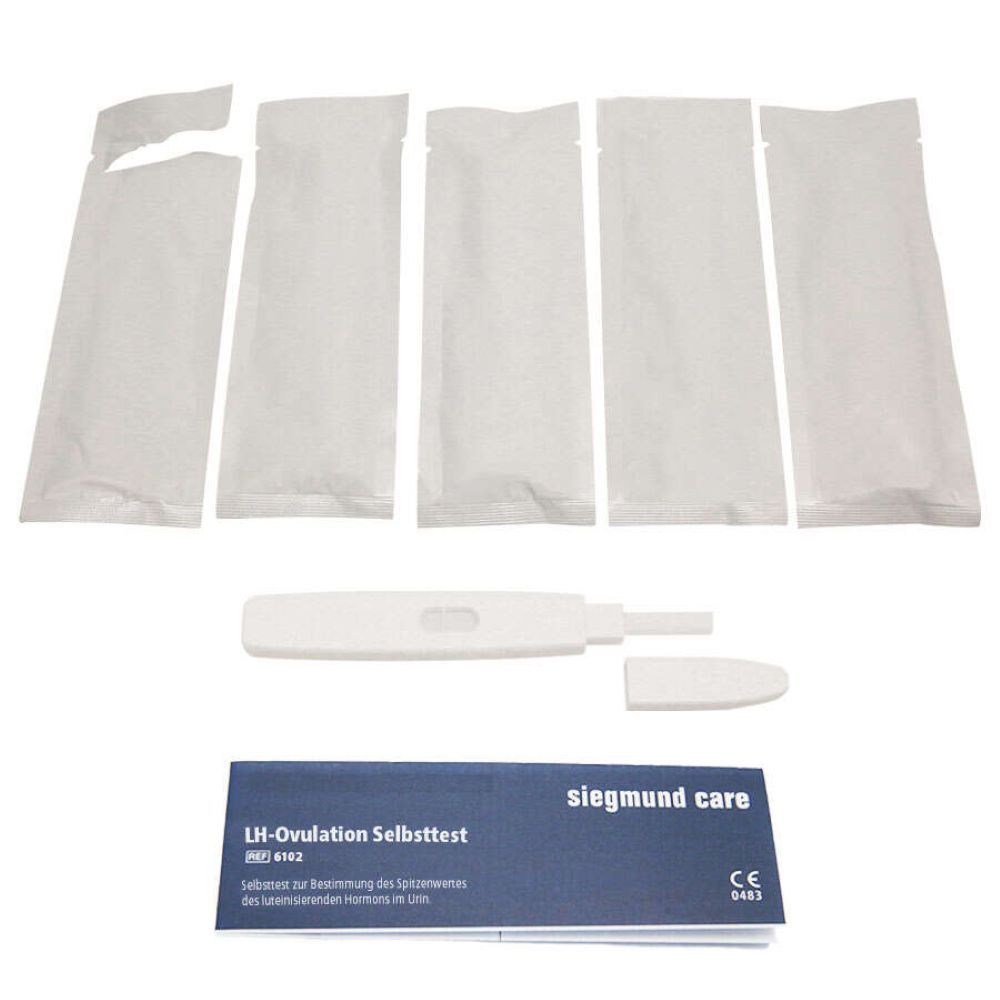 Packung mit Ovulationstests. Enthält Teststäbchen, einzeln verpackt, und eine Gebrauchsanweisung mit Produktnamen.