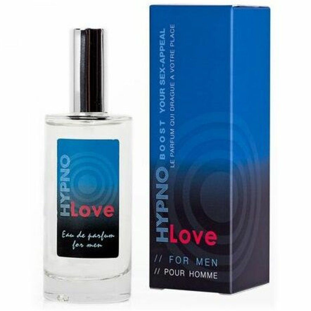 Glasflakon mit silbernem Zerstäuber und blauer Aufschrift Hypno Love. Blaue Verpackung mit Text.