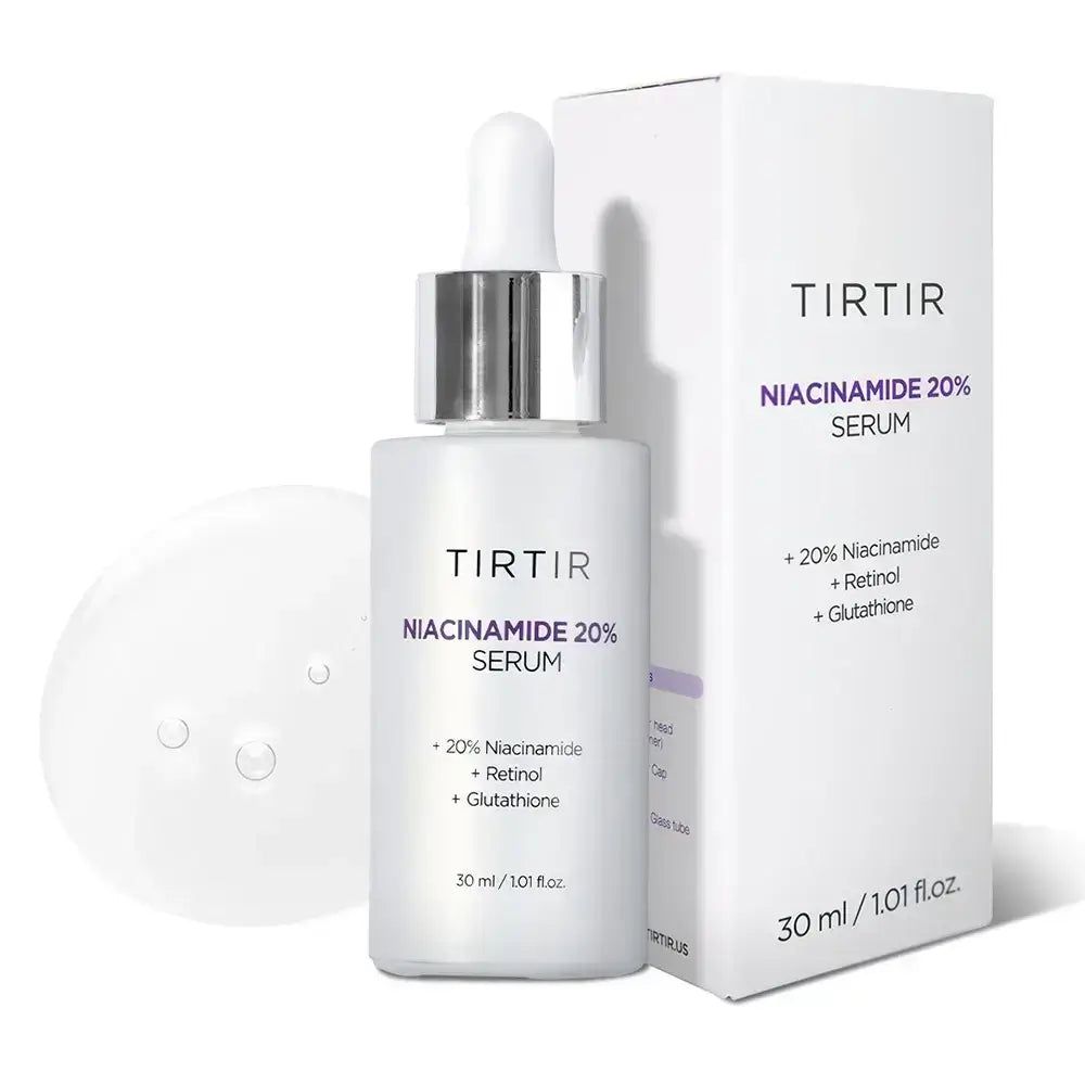 Weiße Flasche mit Karton. Flasche: TIR TIR Niacinamide 20% Serum. Enthält 20% Niacinamid, Retinol, Glutathion. 30 ml/1.01 fl.oz.