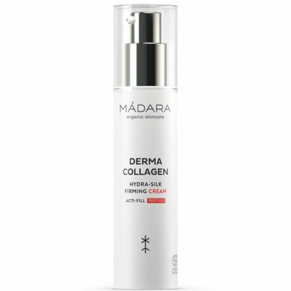 Weiße Flasche mit Pumpverschluss. Aufschrift: Mádara, Derma Collagen Hydra-Silk Firming Cream. Mit Zertifizierung.